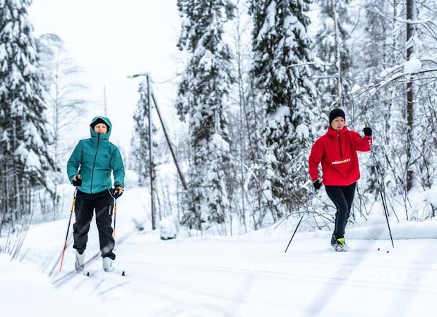 Kaksi hiihtäjää lumisessa metsässä