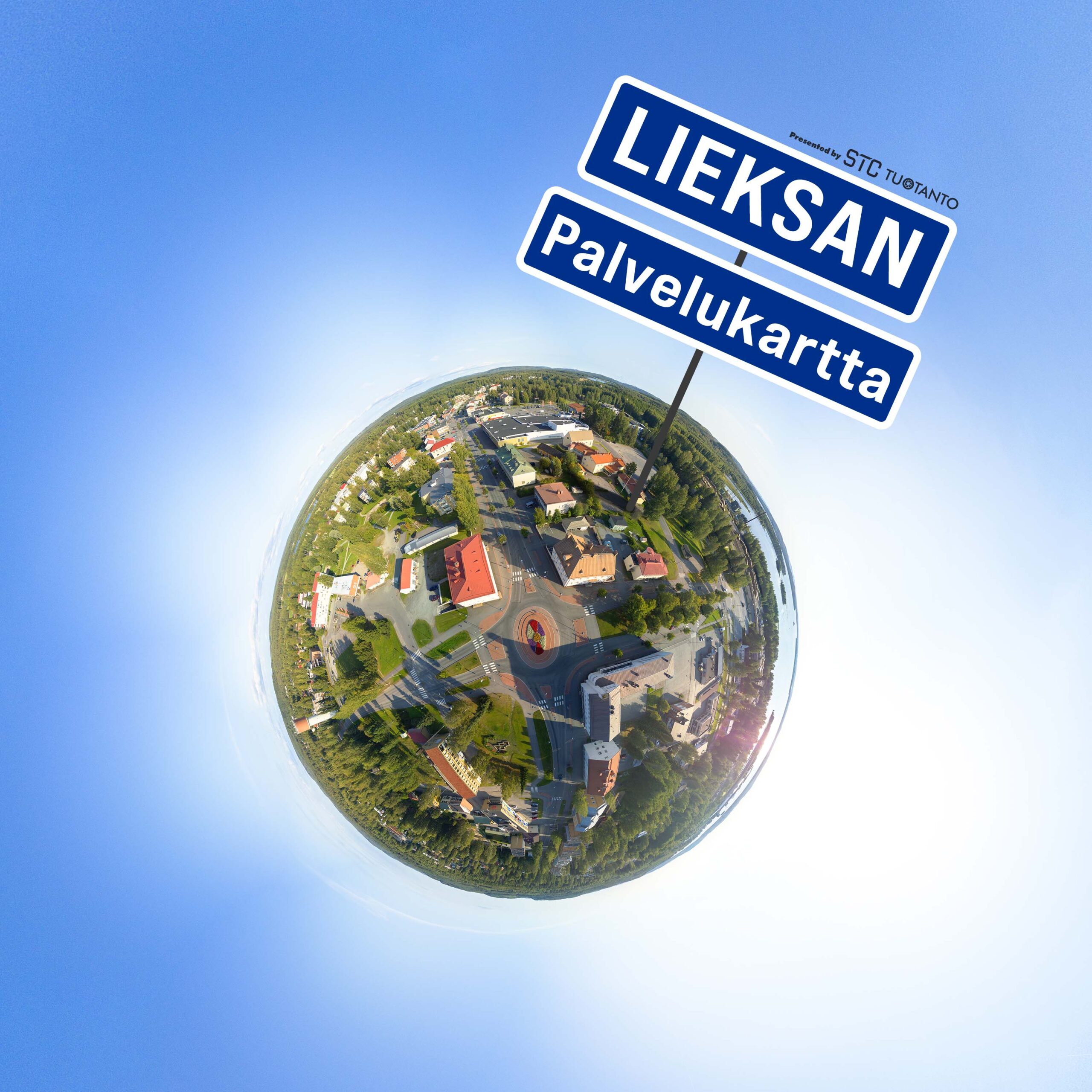 Lieksan palvelukartta kuva, jossa maapallon sisällä ilmakuva lieksasta.