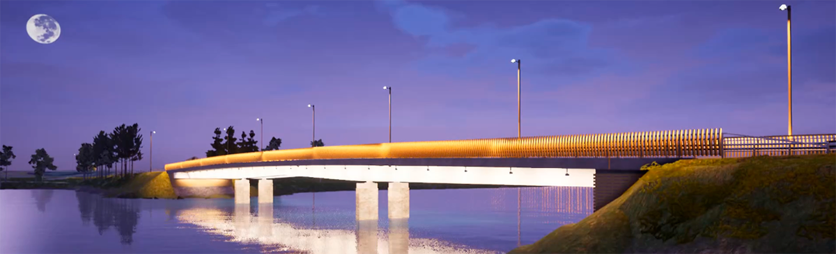Havainnekuva uudesta Lieksanjoen ylittävästä sillasta. Palkkisilta, jonka kaiteet ovat valaistut. Vastarannalla puita ja taivaalla kuutamo.