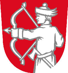 Lieksan kaupungin vaakuna. Punaisessa kentässä tyvestä nouseva käsijousella ampuva mies, karvalakki päässä, kirves vyöllä, kaikki hopeaa.