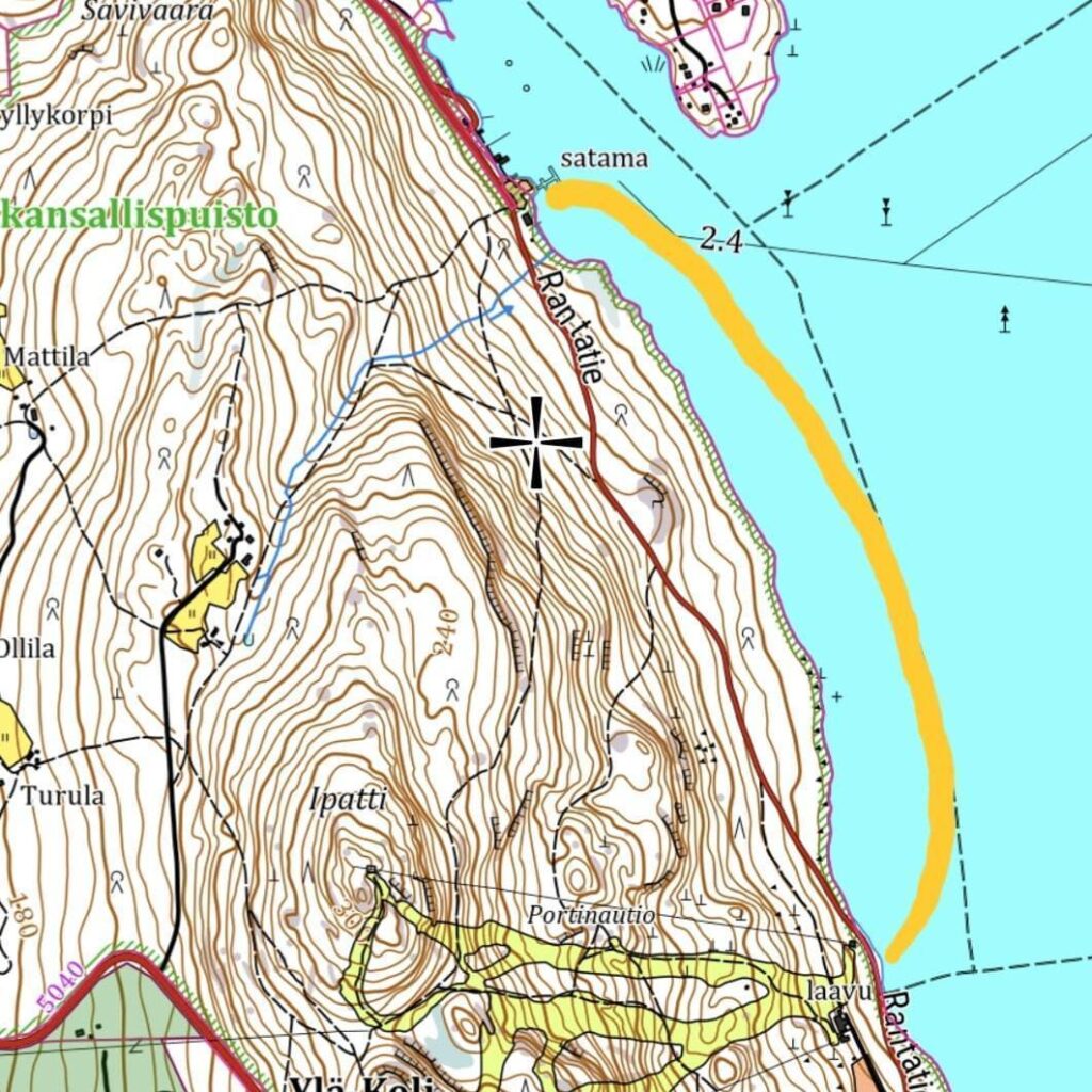 Retkiluistelurata Pielisellä Kolin rannan tuntumassa kartalla.