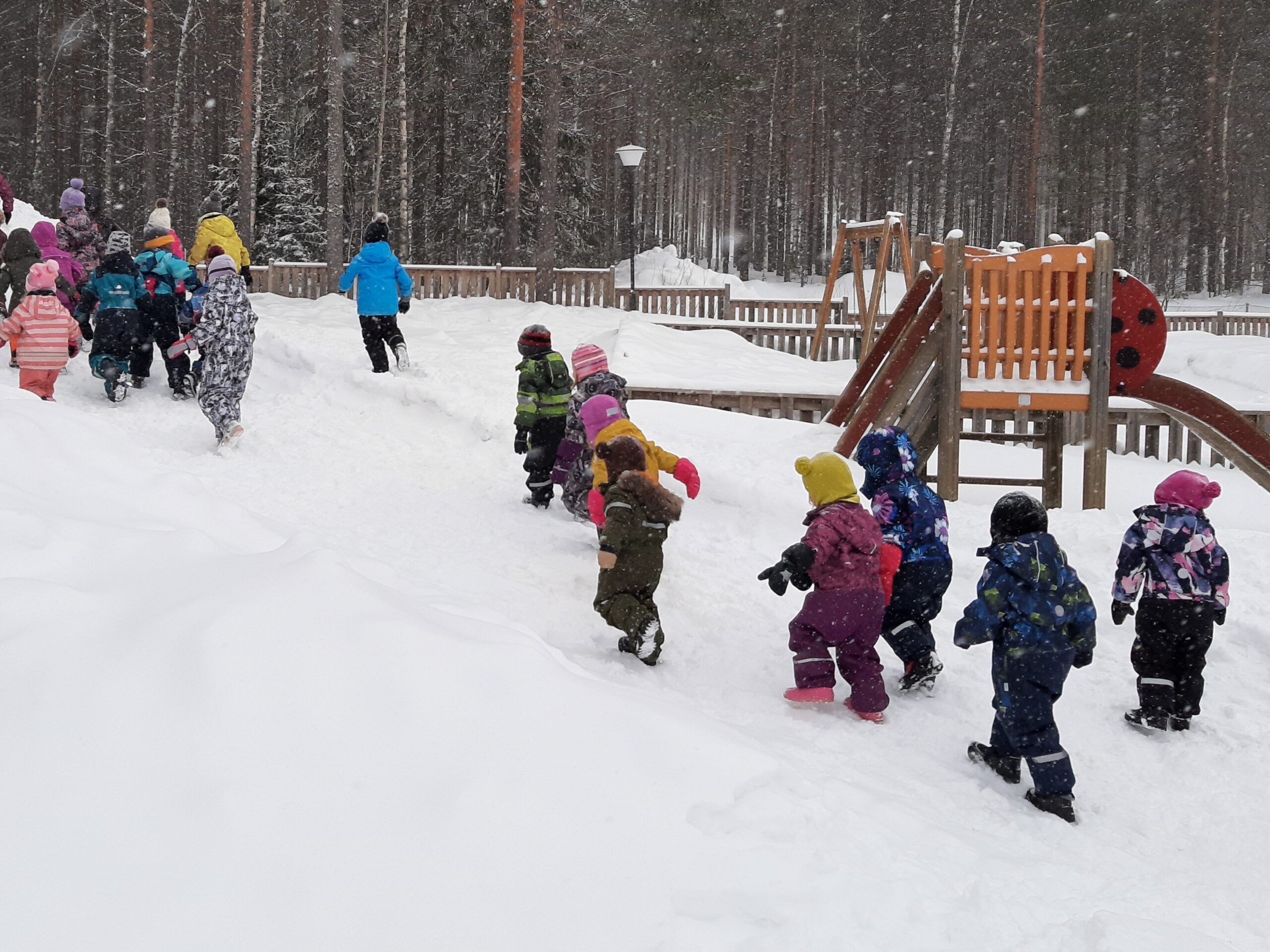 Lapsia talvella ulkona nousemassa mäkeä ylös.