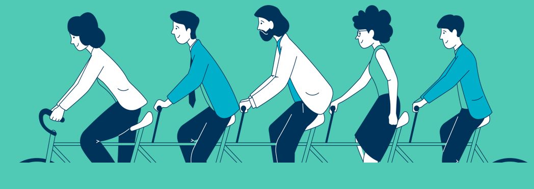 Viisi ihmistä ajamassa tandempyörällä. Ihmiset ovat piirrettyjä hahmoja.