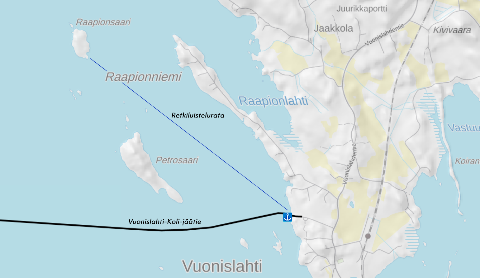 Karttakuva vuoden 2026 retkiluistelureitistä Vuonislahdessa.
