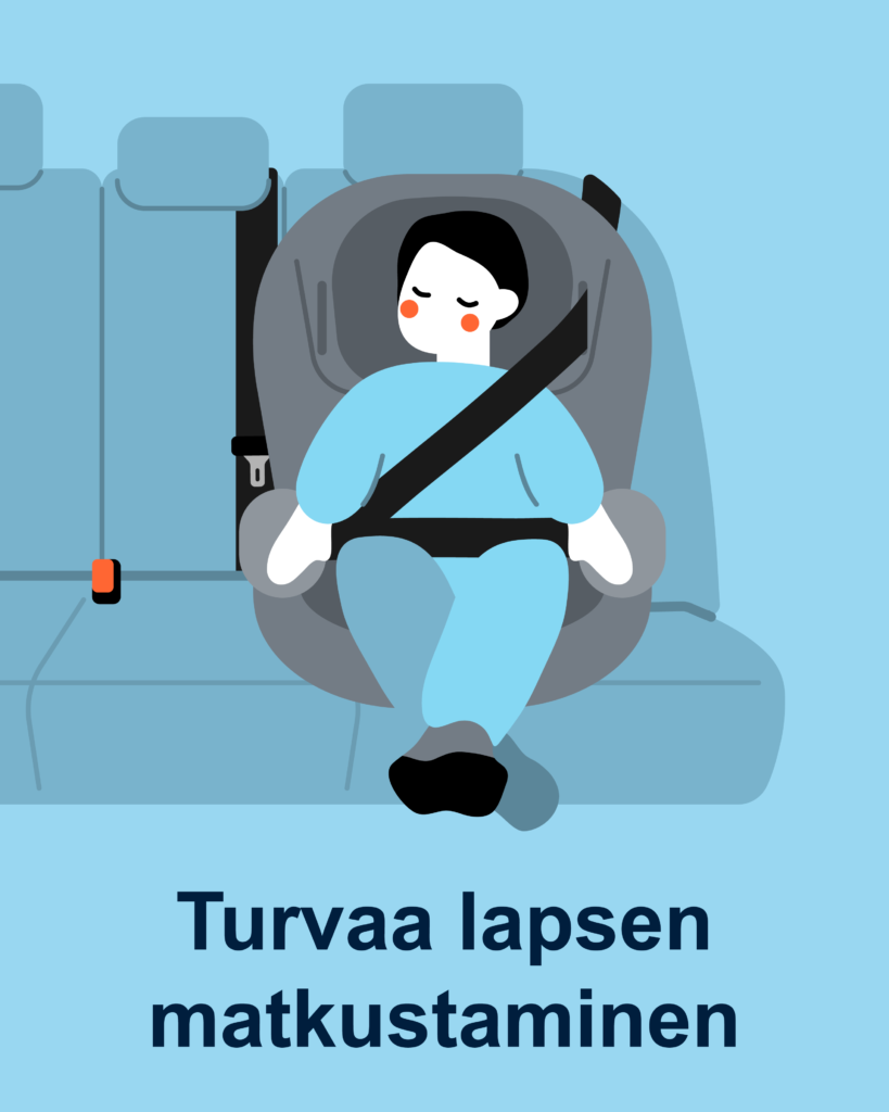 Piirretty kuva lapsesta istumassa turvaistuimessa. Teksti: Turvaa lapsen matkustaminen.